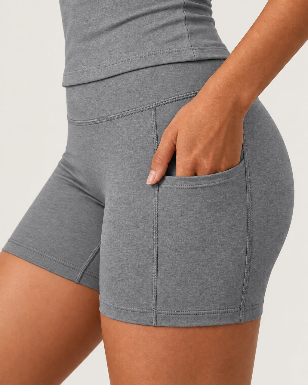 ROMY Studio Pocket Short Set in Heather Grey — close-up of waistband and fabric