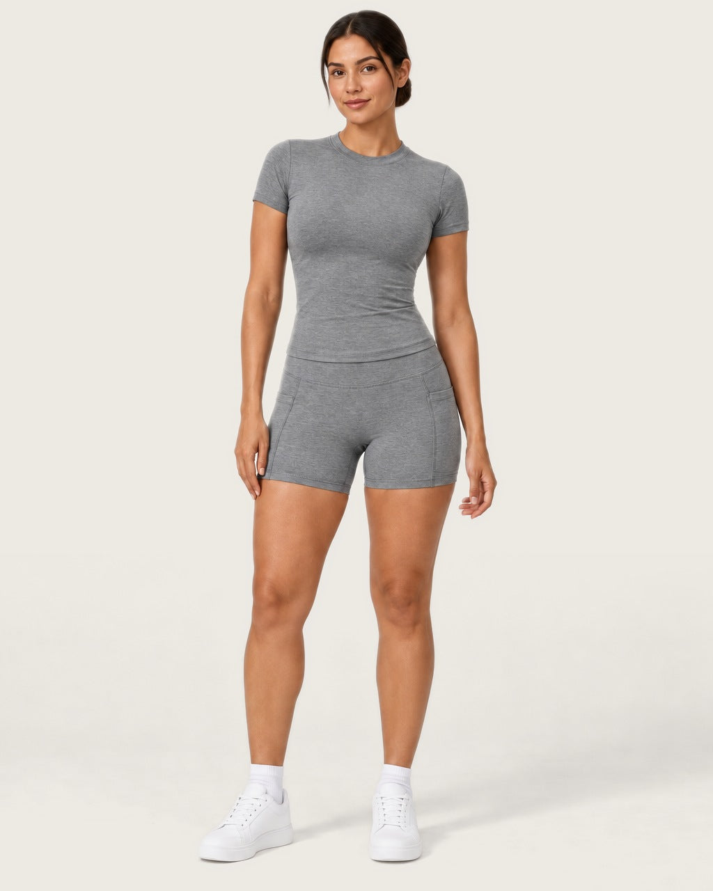 ROMY Studio Pocket Short Set in Heather Grey — front view