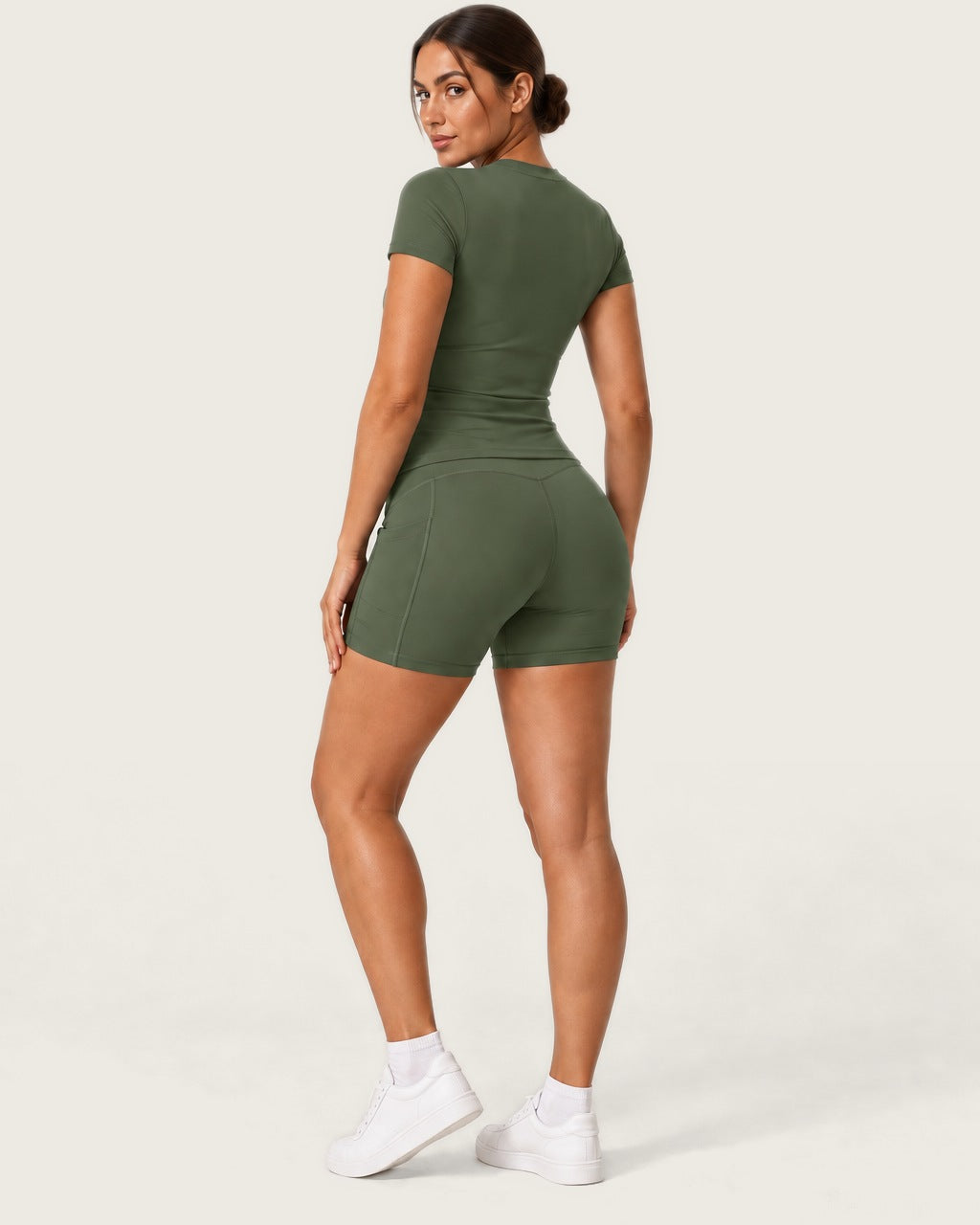 ROMY Studio Pocket Short Set in Olive — three-quarter back view