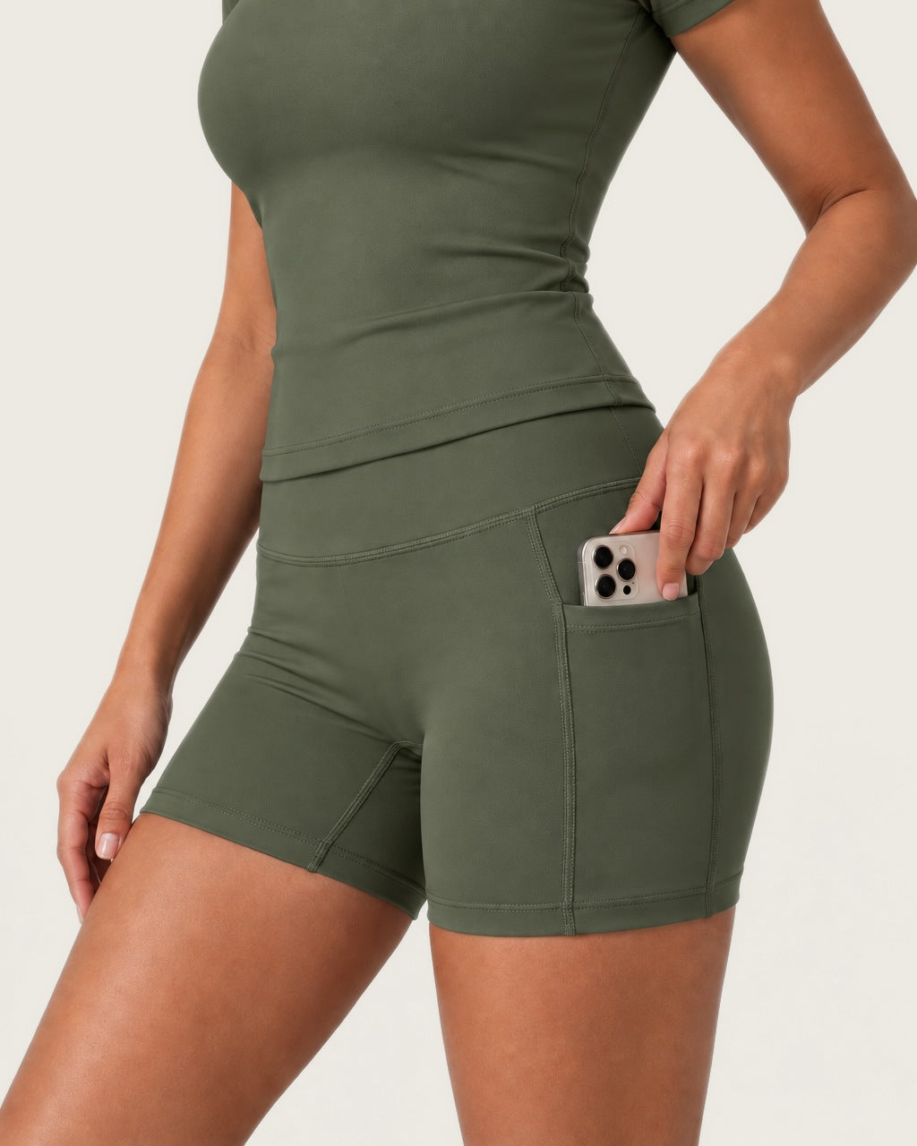 ROMY Studio Pocket Short Set in Olive — product view