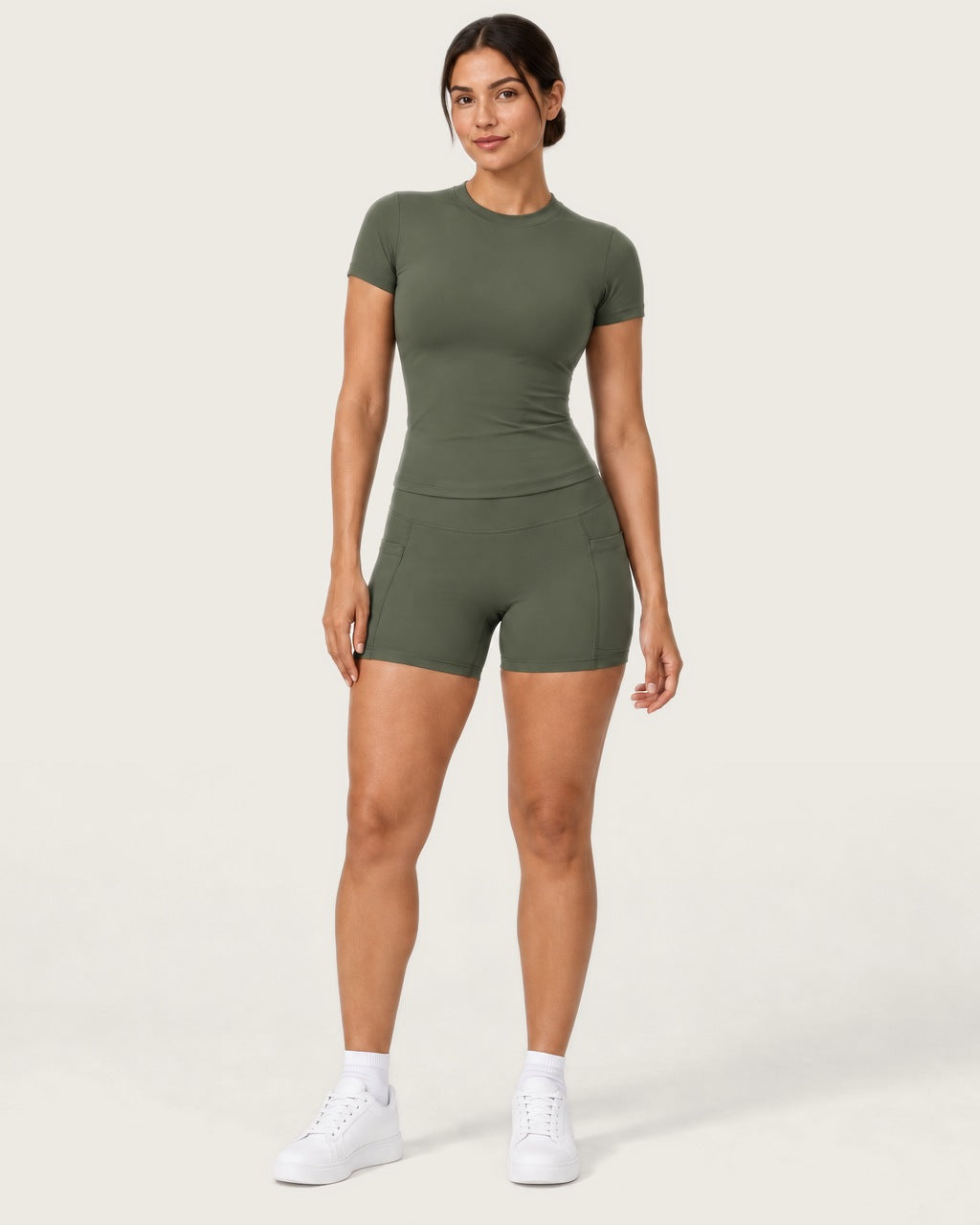 ROMY Studio Pocket Short Set in Olive — front view