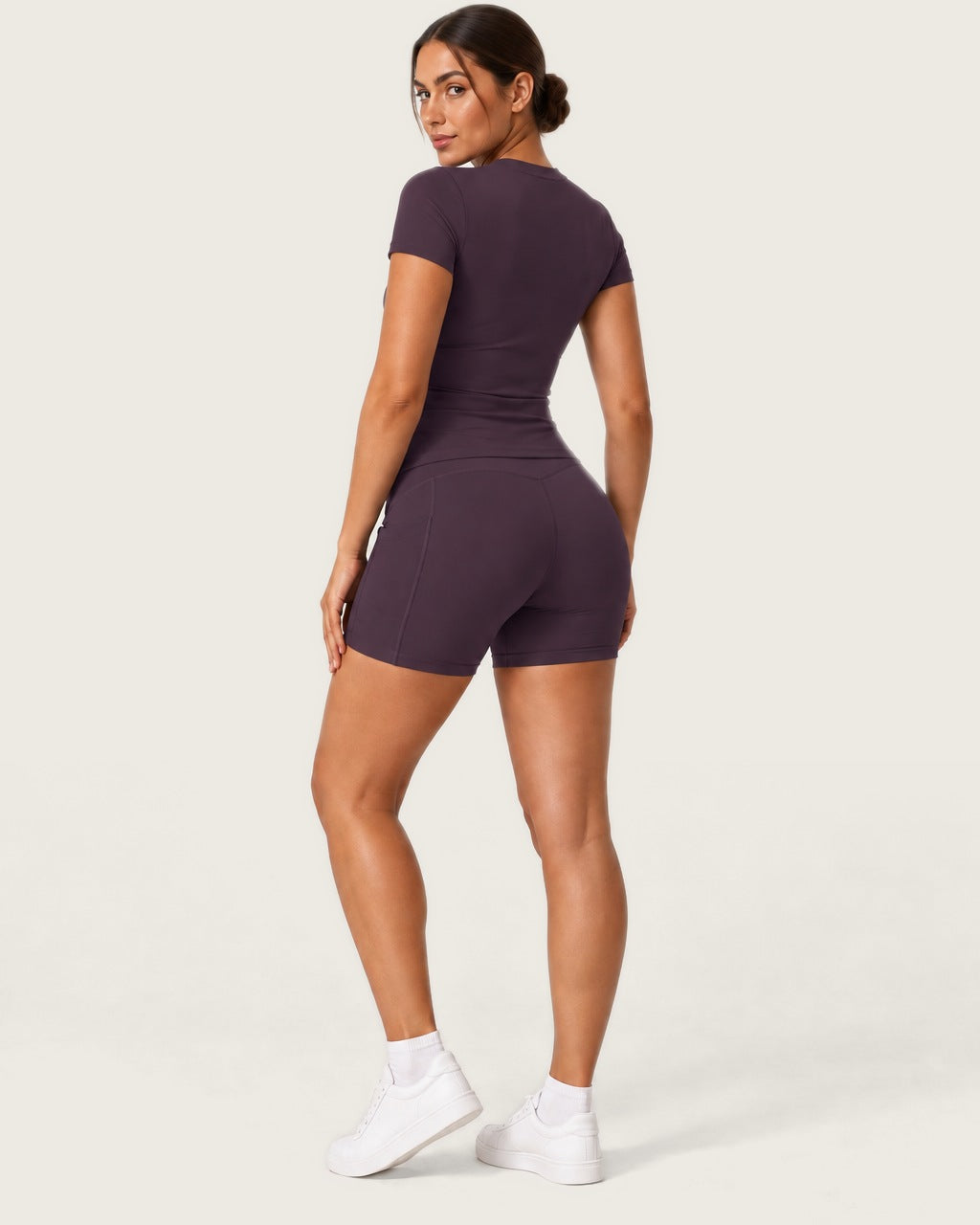 ROMY Studio Pocket Short Set in Plum — three-quarter back view