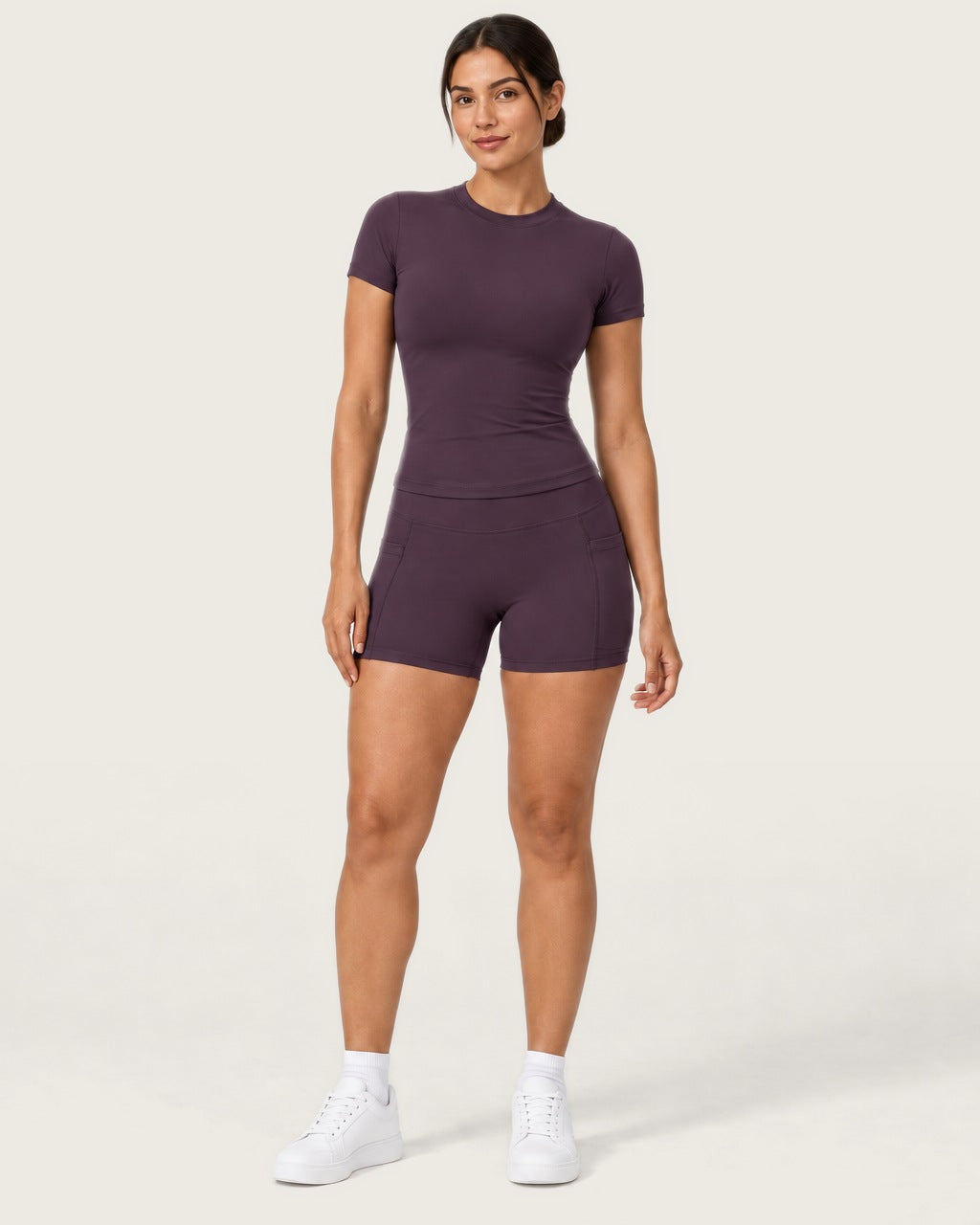ROMY Studio Pocket Short Set in Plum — front view