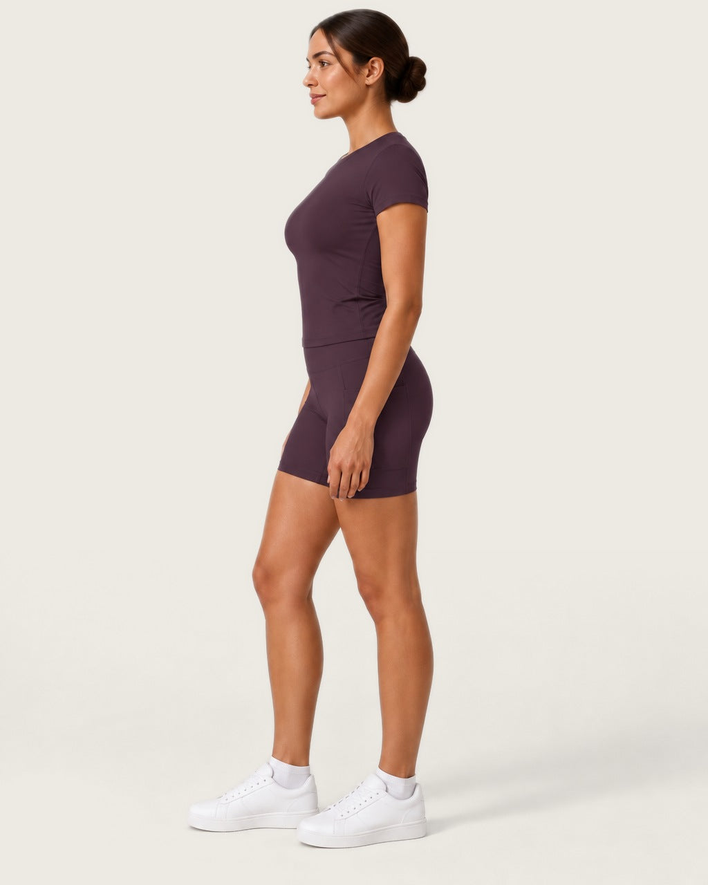 ROMY Studio Pocket Short Set in Plum — side profile