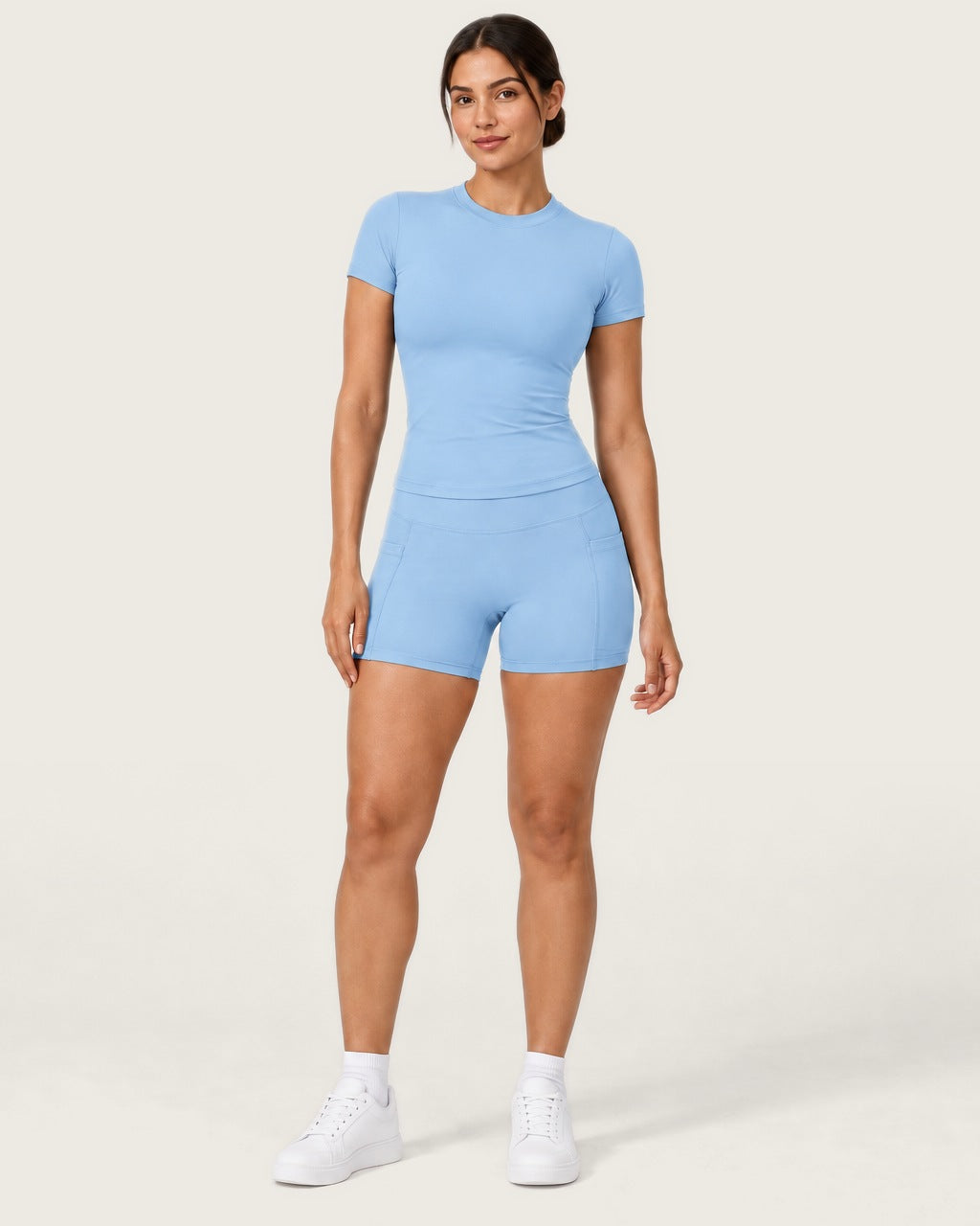 ROMY Studio Pocket Short Set in Sky — front view