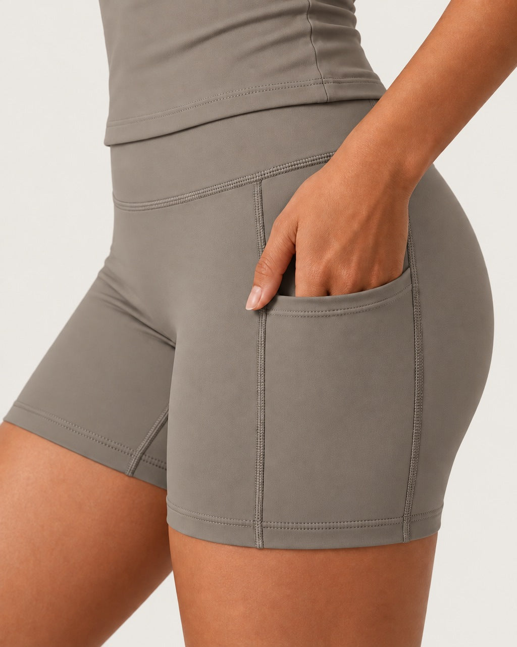 ROMY Studio Pocket Short Set in Taupe — close-up of waistband and fabric