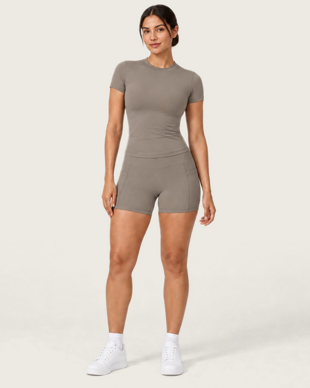 ROMY Studio Pocket Short Set in Taupe — front view