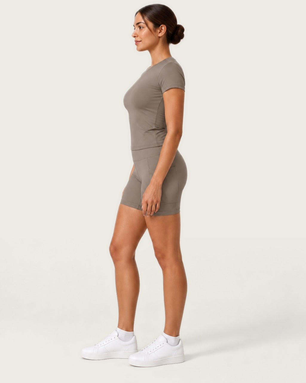 ROMY Studio Pocket Short Set in Taupe — side profile