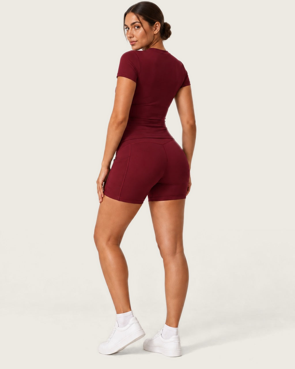 ROMY Studio Pocket Short Set in Wine — three-quarter back view