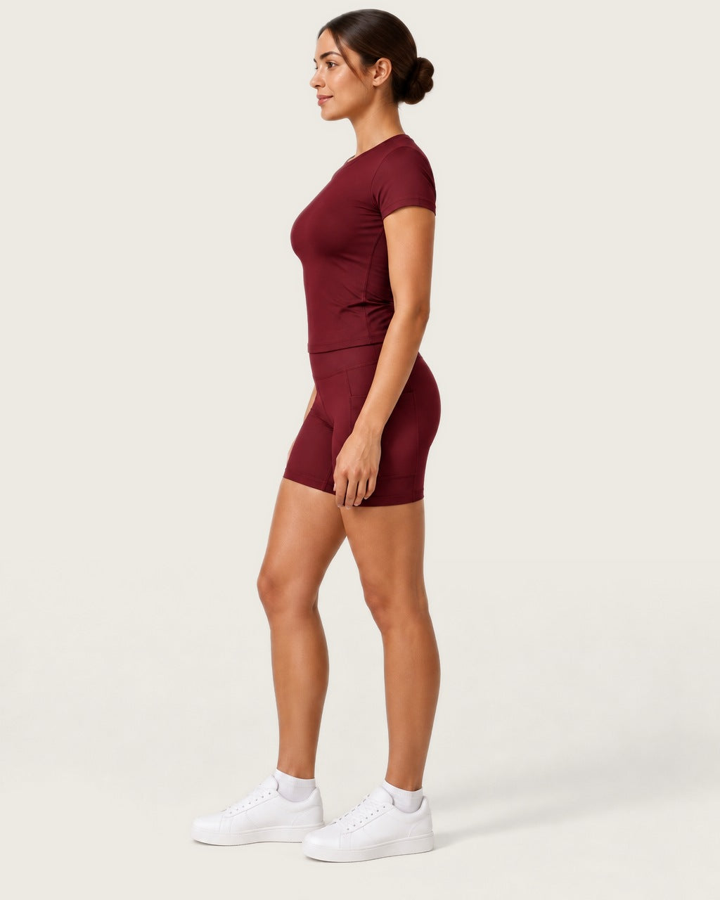 ROMY Studio Pocket Short Set in Wine — side profile