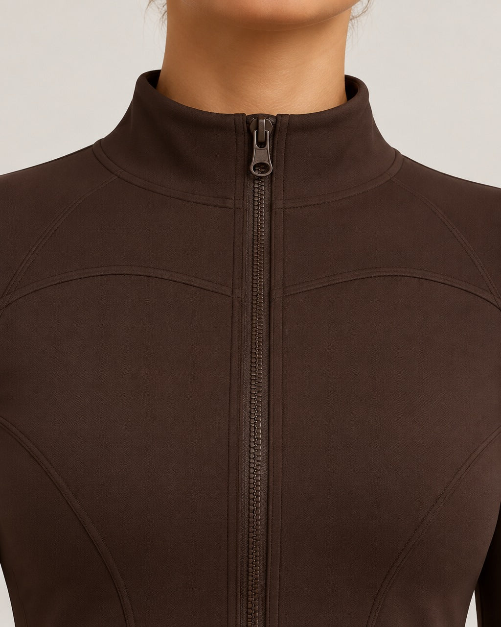ROMY Studio Zip Set in Espresso — close-up of waistband and fabric